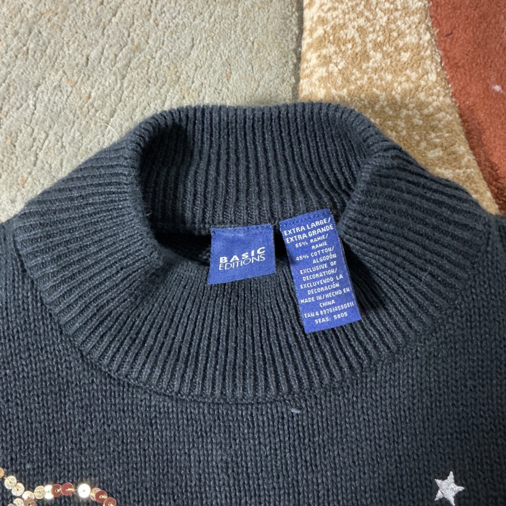 Basic Editions Holiday Ornament Sweater Women XL Black Sequin Festive Knit Top - Picture 5 of 7